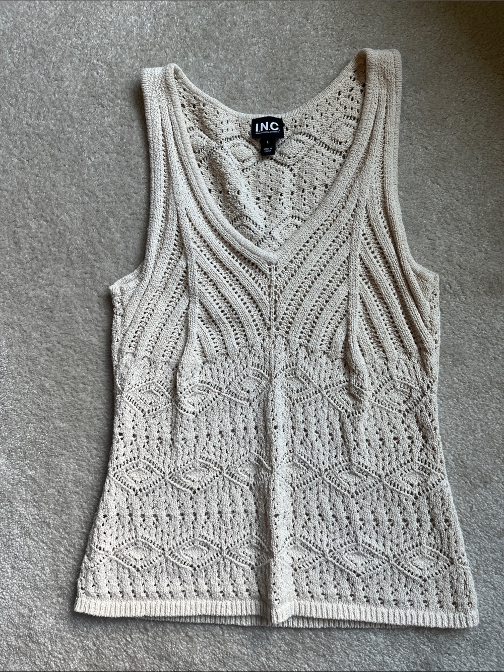 INC International Concepts Cream Openwork Crochet V-Neck Tank